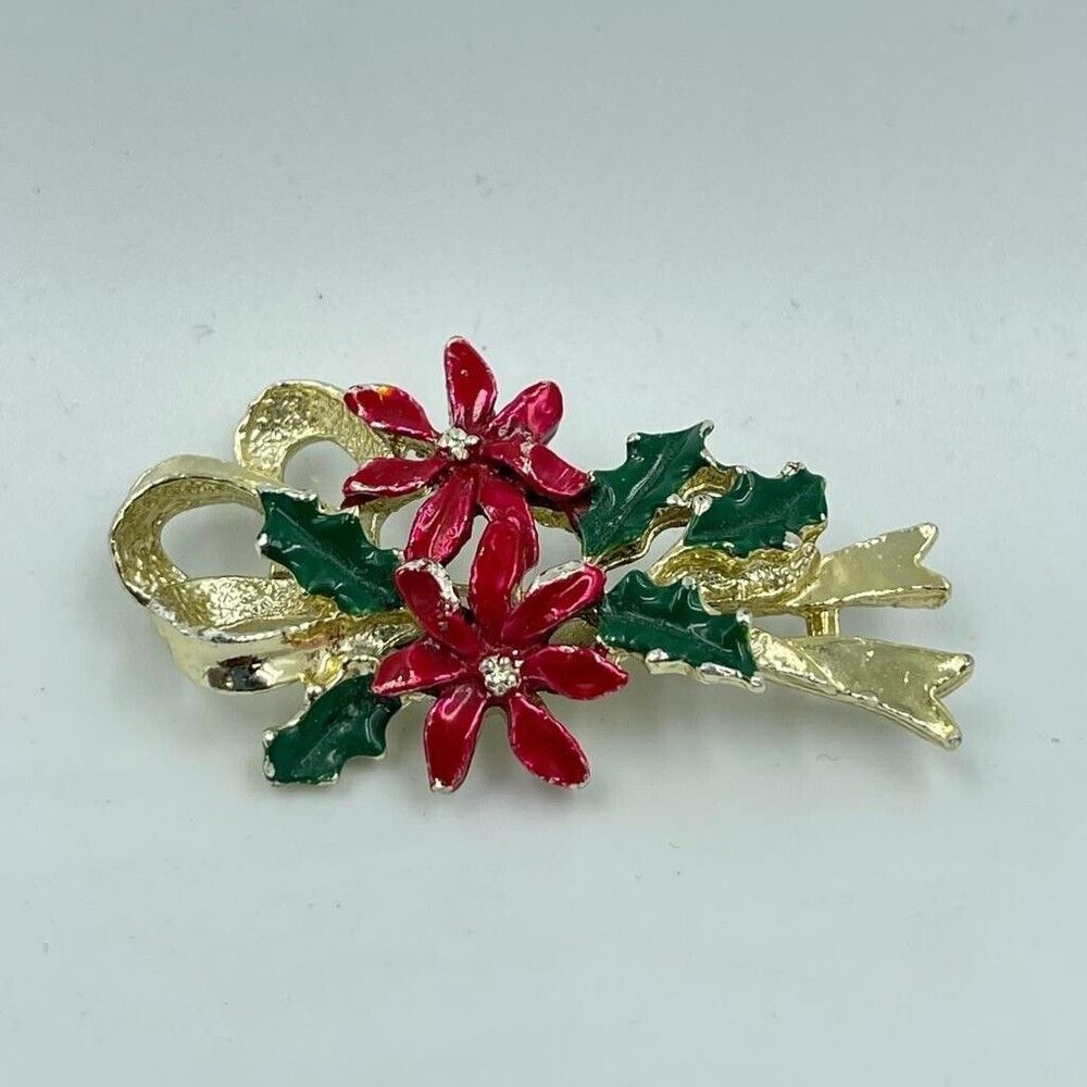 Christmas Holly Gold Ribbon Brooch Pin Signed Gerrys